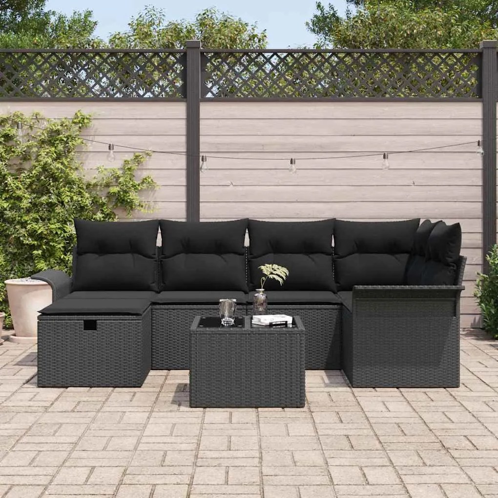 Conjunto de Sofá de Jardim em 7 Peças com Almofadas Pretas de Rattan