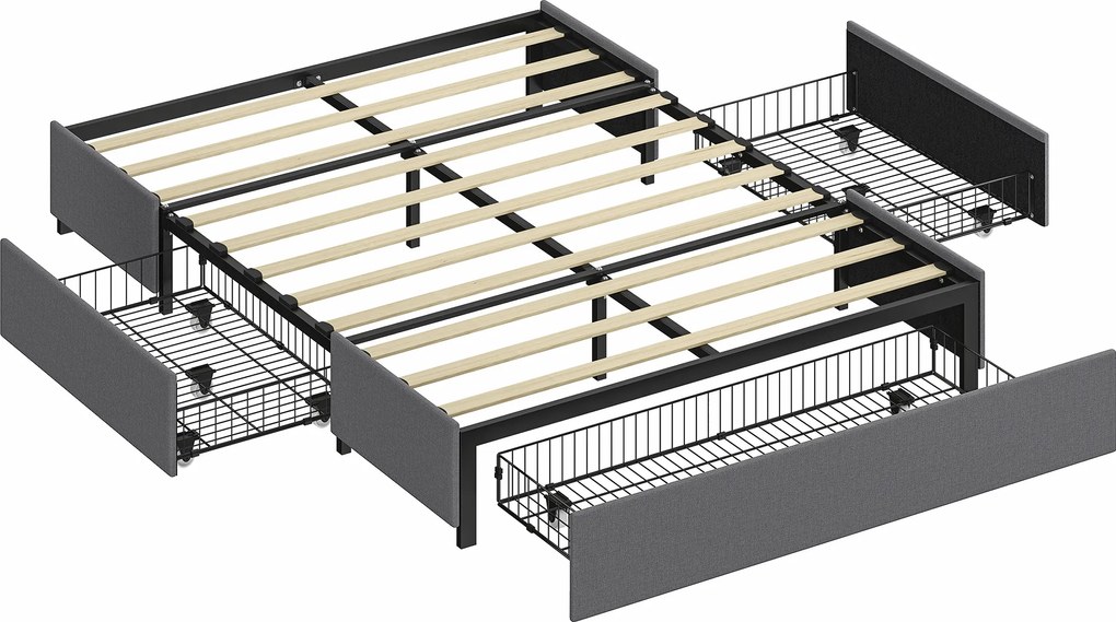 Cama de Casal 140x190 cm (COLCHÃO NÃO INCLUIDO) com Estrado com 3 Gavetas e Estrutura Metálica Suporta 363 kg Cinzento