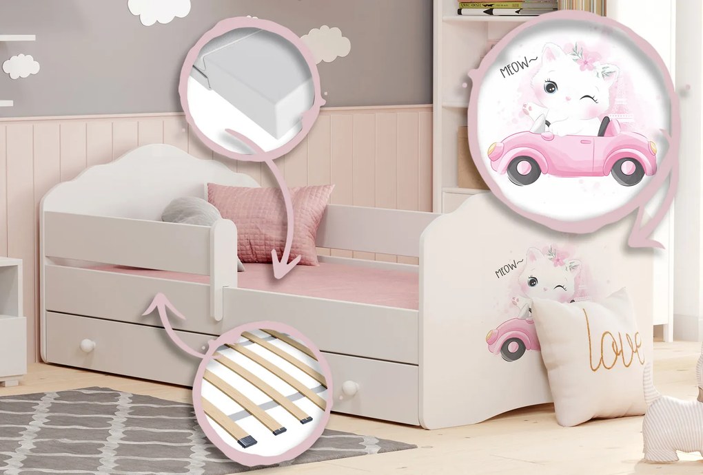 Cama infantil branca Wave gato 160x80 com gaveta - colchão e estrado incluído