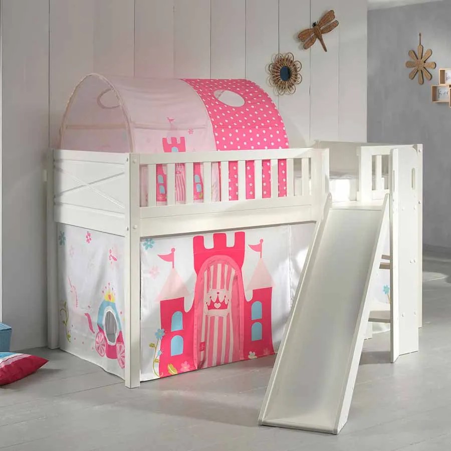 Conjunto cama Infantil SCOTT + escorrega + cortina de brincar PRINCESAS + Túnel Branca