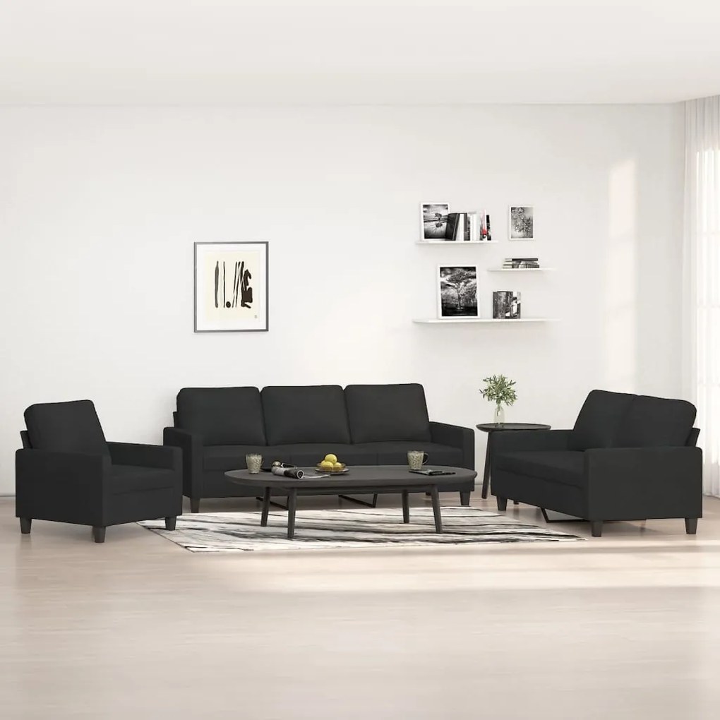 vidaXL 3 pcs conjunto de sofás com almofadões tecido preto