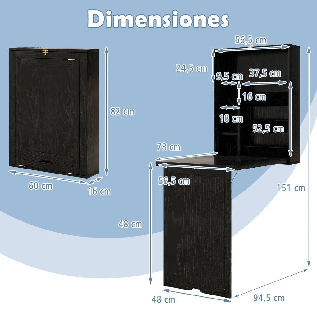 Secretária parede dobrável conversível com divisória de 3 níveis e prateleiras ajustáveis, Economiza espaço 60 x 94,5 x 151 cm Preto