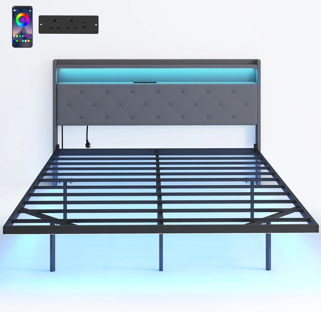 HOMCOM Estrutura de Cama 160x200 cm com Base em Aço Cama de Casal Flutuante com Luzes LED RGB e Estação de Carregamento Cinza | Aosom Portugal