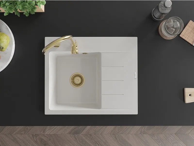 Mexen Ben lava-loiça de granito de 1 cuba com escorredor, esquerdo 600 x 500 mm, branco, sifão dourado - 6522605000-20-G