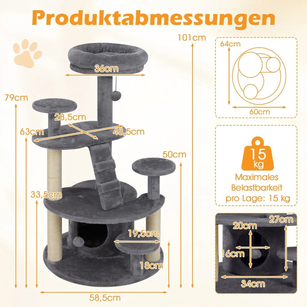 Arranhador para gatos com caverna, bola e escada, cinzento