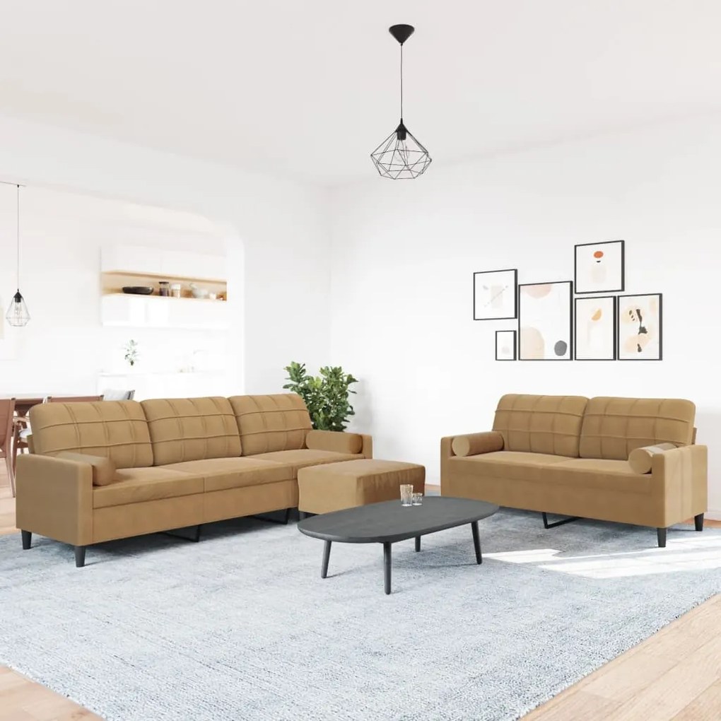 3 pcs conjunto de sofás com almofadões e rolos veludo castanho