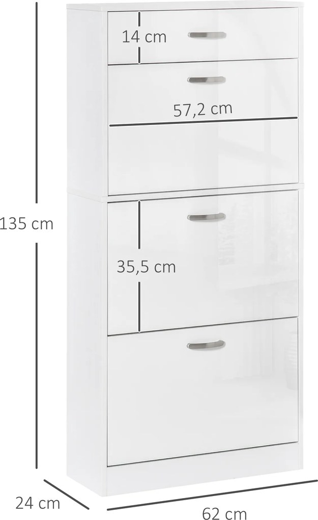 Sapateira com 3 portas basculantes e gaveta deslizante - 62 x 24 x 135 cm - puxadores em alumínio. Painéis em aglomerado branco