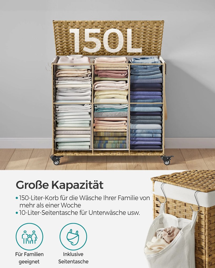 Cesto para roupa suja dobrável com 3 compartimentos e bolso lateral 70 x 36 x 66 cm Cor natural