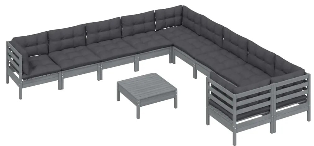 11 pcs conjunto lounge de jardim c/ almofadões pinho cinza