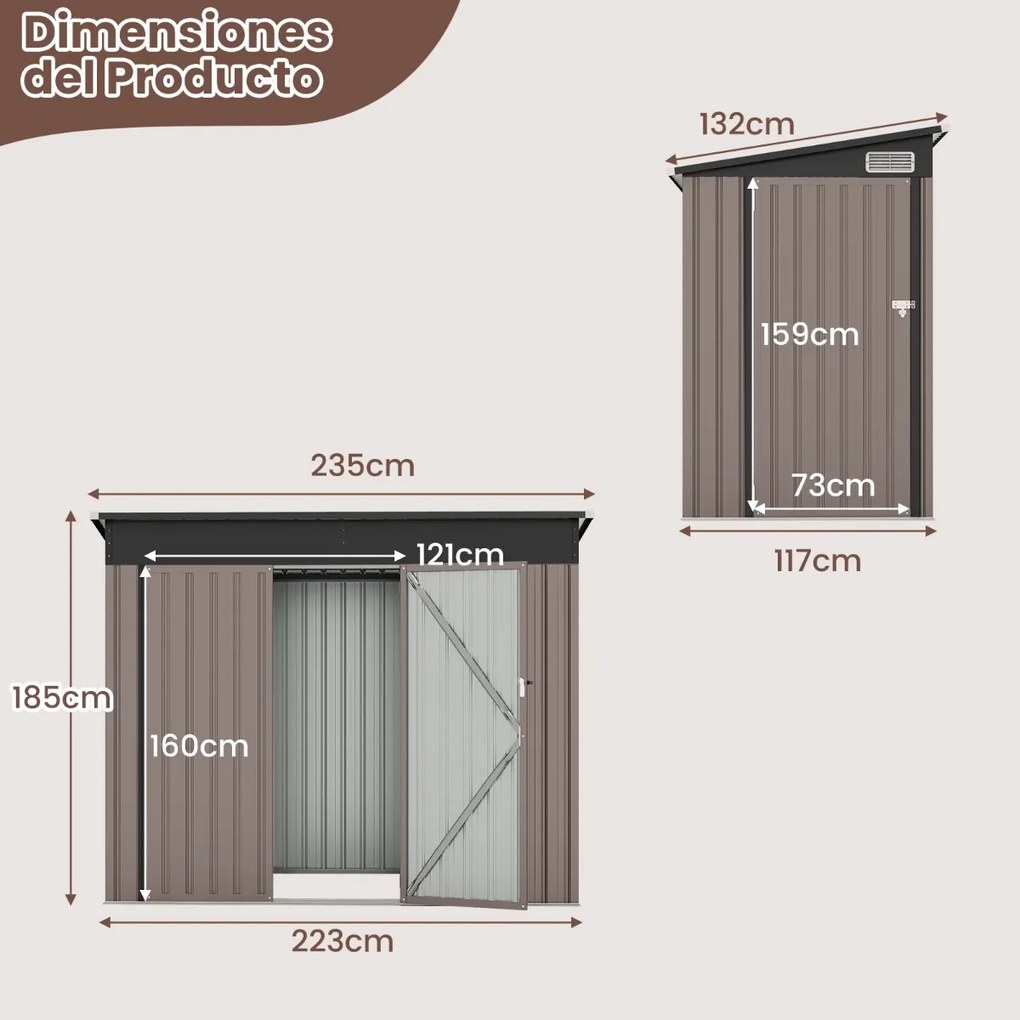 Abrigo exterior, de ferramentas com 2 portas e telhado para jardim, pátio 235 x 117 x 185 cm cinza claro