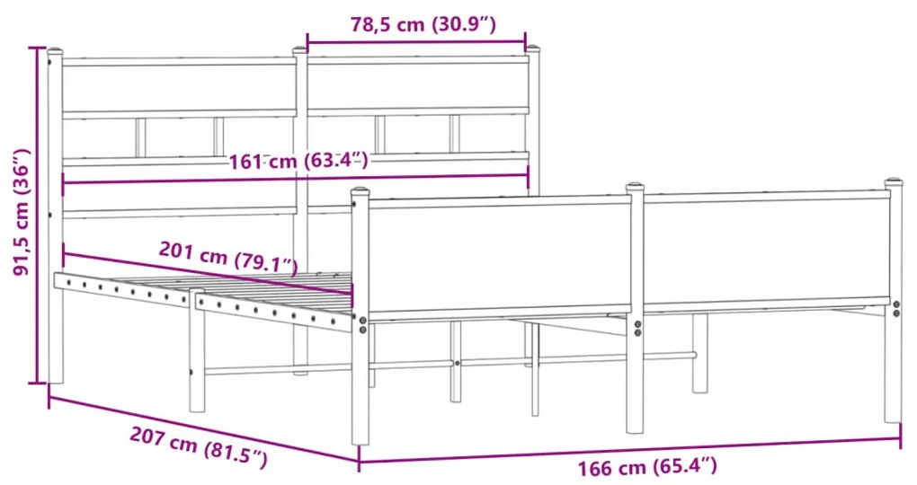 Estrutura de cama sem colchão 160x200 cm metal carvalho fumado