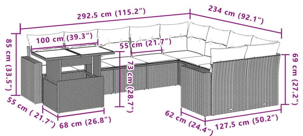 10 pcs conjunto de sofás p/ jardim com almofadões vime PE bege