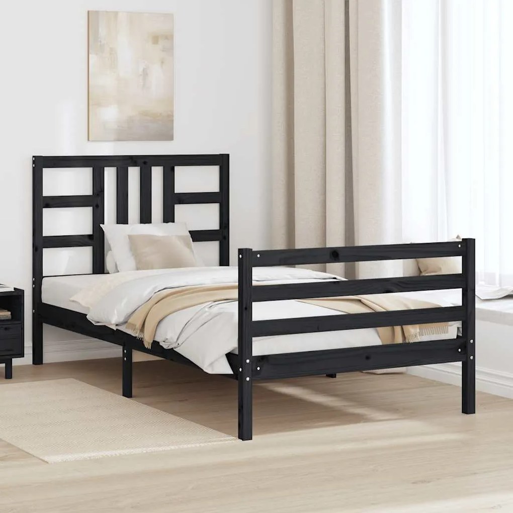 Estrutura de cama com cabeceira 100x200 cm madeira maciça preto