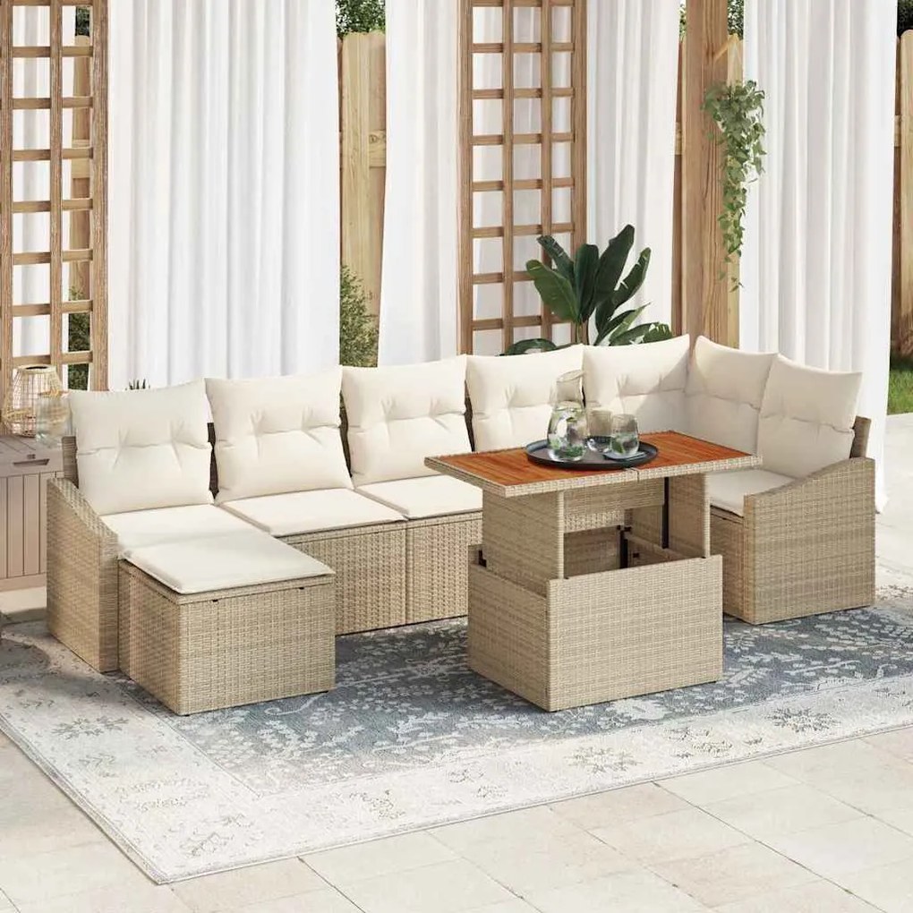 vidaXL Conjunto de Jantar de Jardim com 8 Peças e Almofadas Bege em Rattan de Acácia
