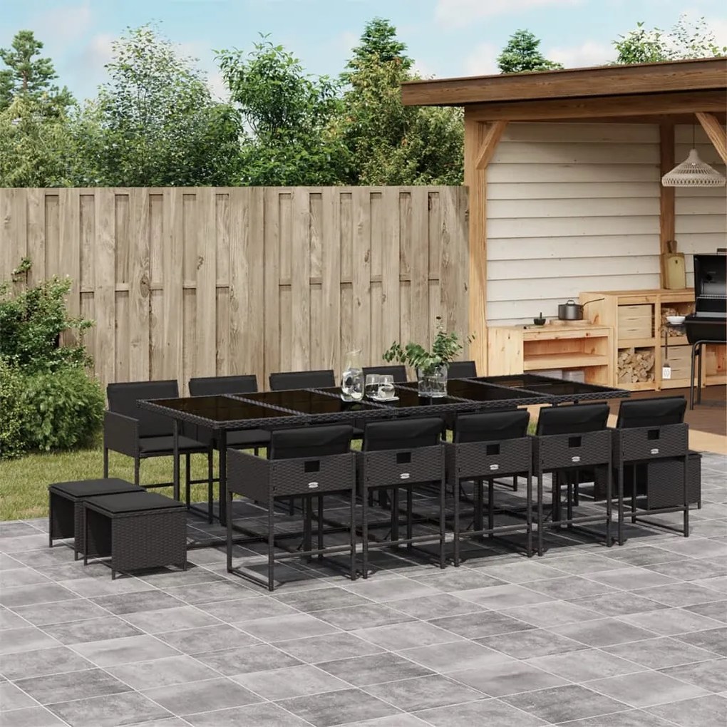 15 pcs conjunto de jantar p/jardim com almofadões vime PE preto