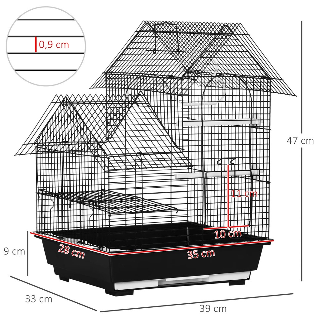Gaiola para Pássaros 39x33x47cm Gaiola para Pássaros de Metal com 3 Portas 2 Comedouros 2 Poleiros Baloiço Bandeja Amovível e Alça de Transporte para