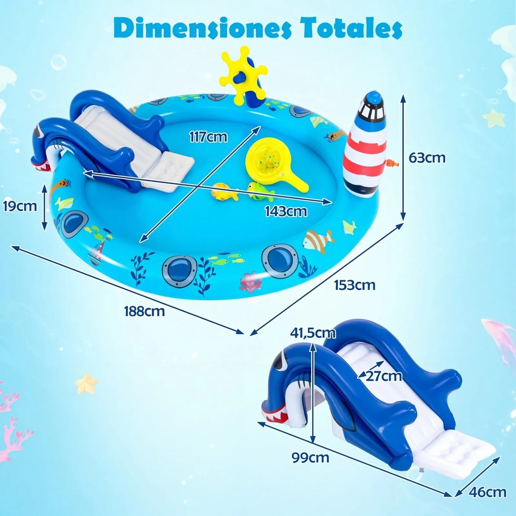 Piscina insuflável infantil 188 x 153 x 63 cm com parque aquático temático marinho, escorrega em forma de tubarão, aspersor de água e jogo de pesca pa