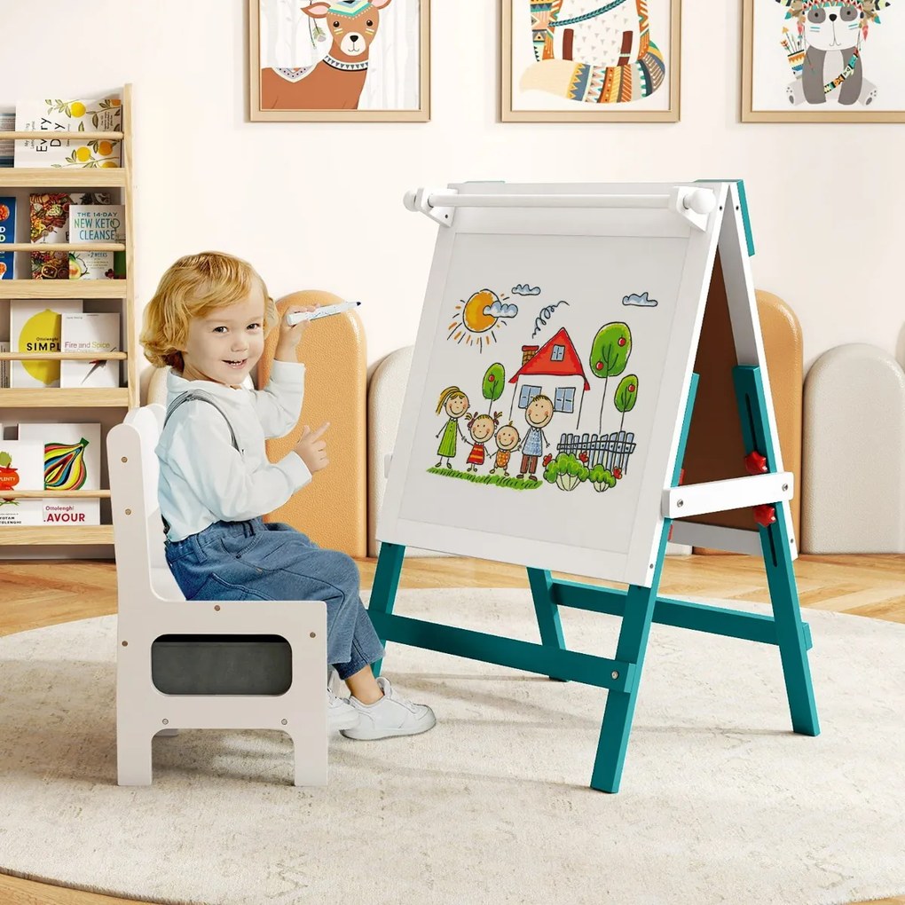 Cavalete infantil reversível 55 x 48 x 75-94 cm com cadeira ajustável com quadro negro e Quadro branco e Porta-papel verde