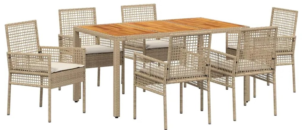 Conjunto de Jantar de Jardim de 7 Peças com Almofadas Bege em Vime Pol