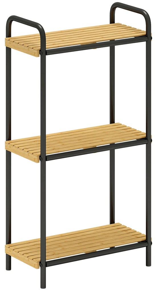 Estante de Casa de Banho de Bambu de 3 Níveis Estante de Armazenamento com 3 Prateleiras Ripas e Estrutura de Aço 41,5x21,5x77,5 cm Madeira e Preto