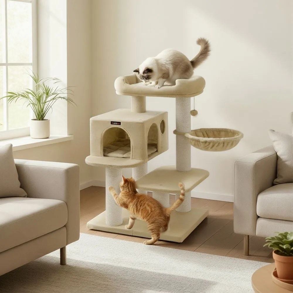 Arranhador para gatos, altamente resistente 70 x 60 x 112 cm com 6 colunas extra grossas para arranhar bege