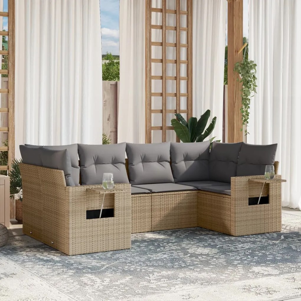 6 pcs conjunto de sofás p/ jardim com almofadões vime PE bege