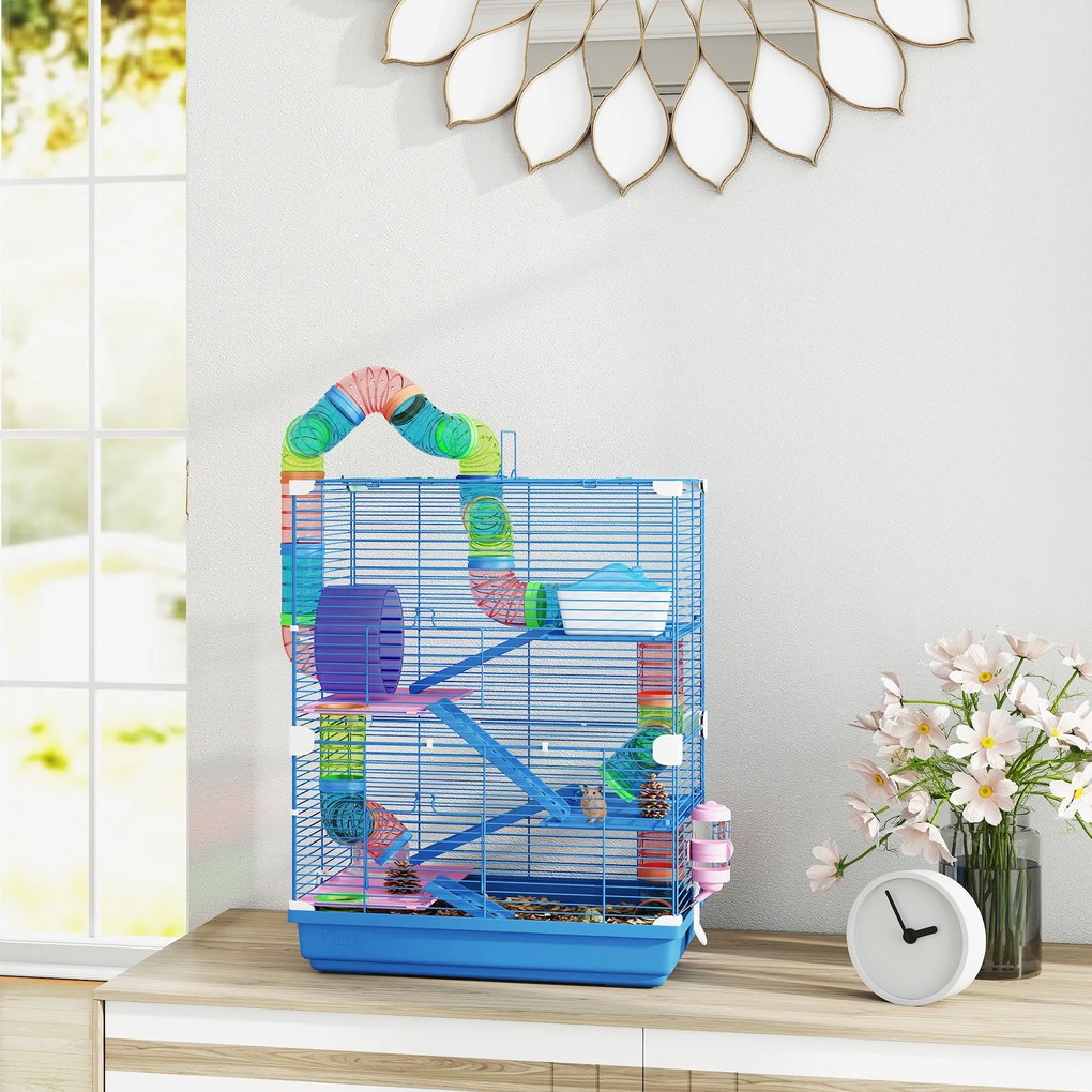 Gaiola para hamster de 4 andares com túneis, comedouro, roda, casinha e escadas – 46 x 30 x 58 cm – azul