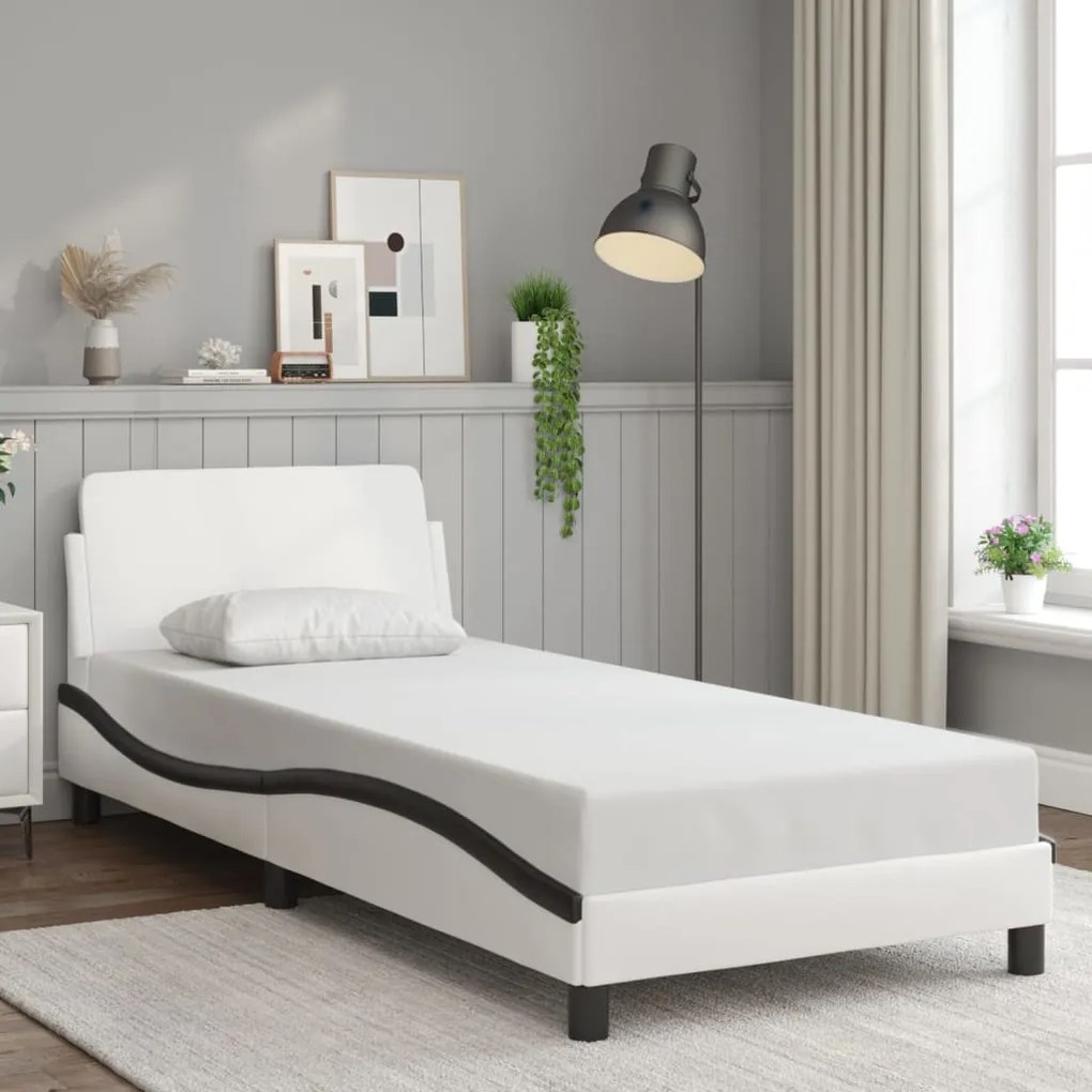 Estrutura cama c/ cabeceira couro artificial branco e preto