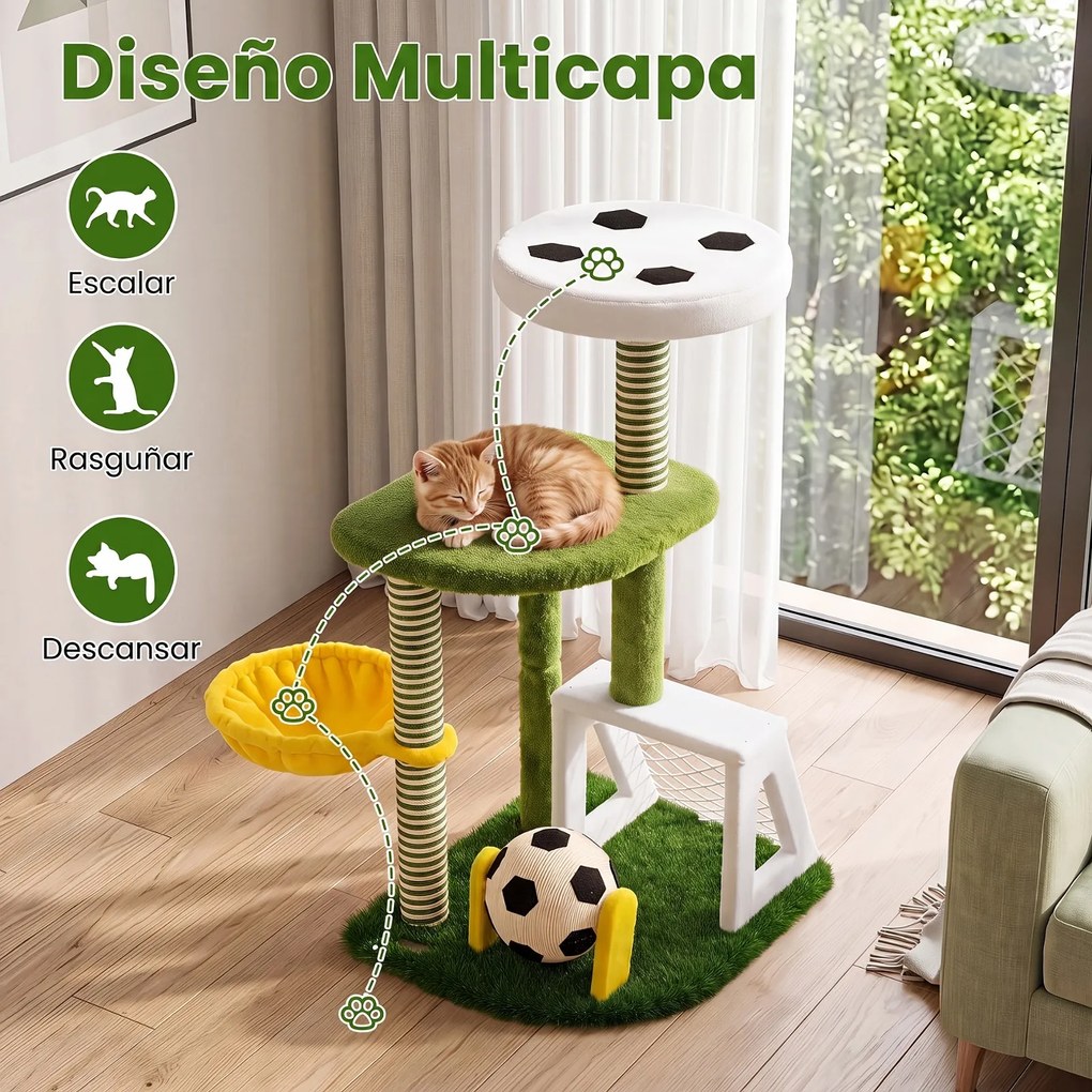 Árvore para Gatos com Design de Futebol, 60 x 50 x 100 cm, Duas Plataformas e Rede de Descanso, Multicolor