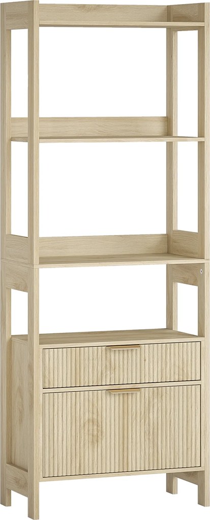 HOMCOM Estante Alta Móvel de Arrumação com 4 Prateleiras Abertas e 2 Gavetas Caneladas 60x30x160 cm Madeira Natural | Aosom Portugal