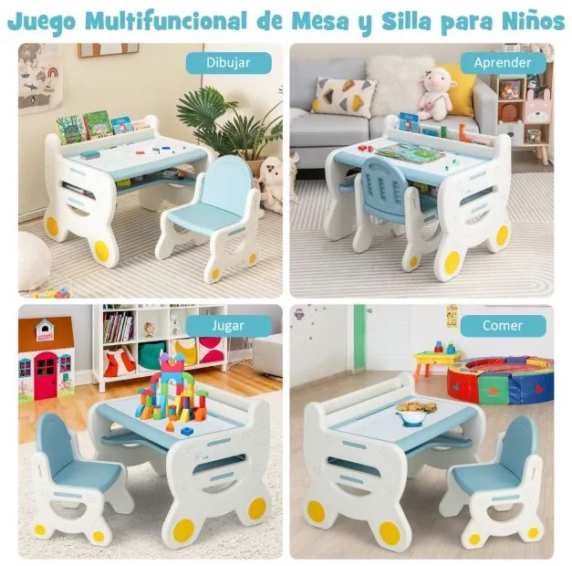 Conjunto de mesa e cadeira de desenho para crianças para actividades para crianças com canetas para aguarela Apagador quadro branco Azul