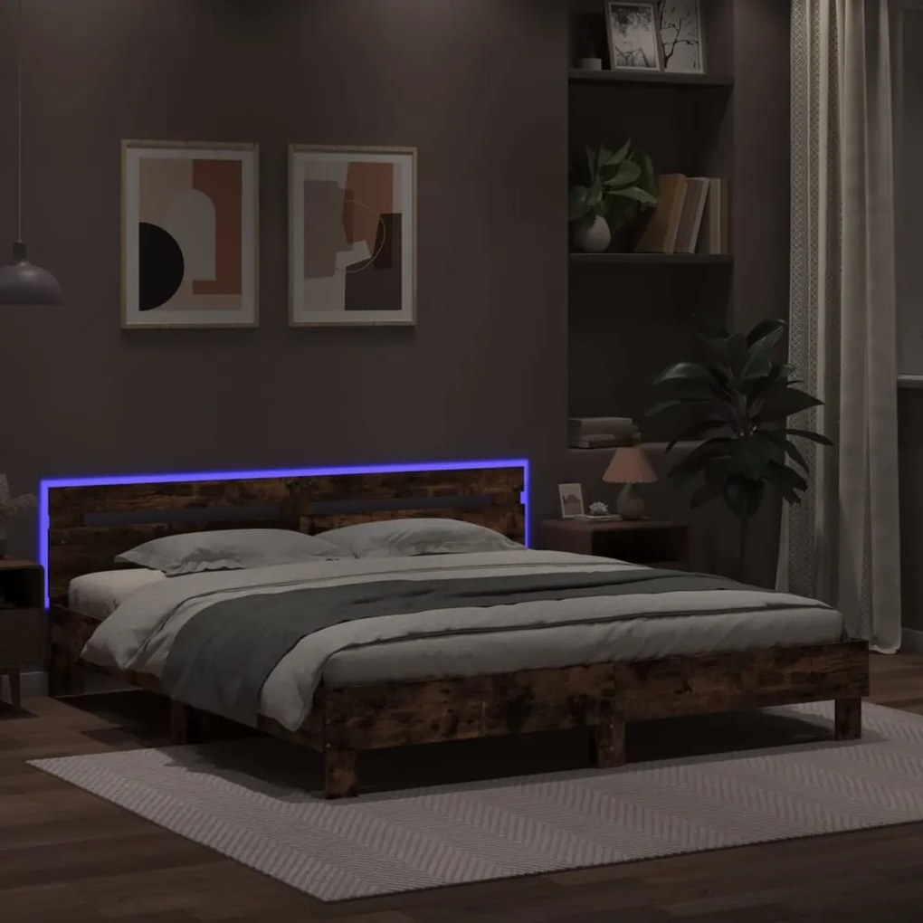 Estrutura cama c/ cabeceira/luzes LED 200x200cm carvalho fumado