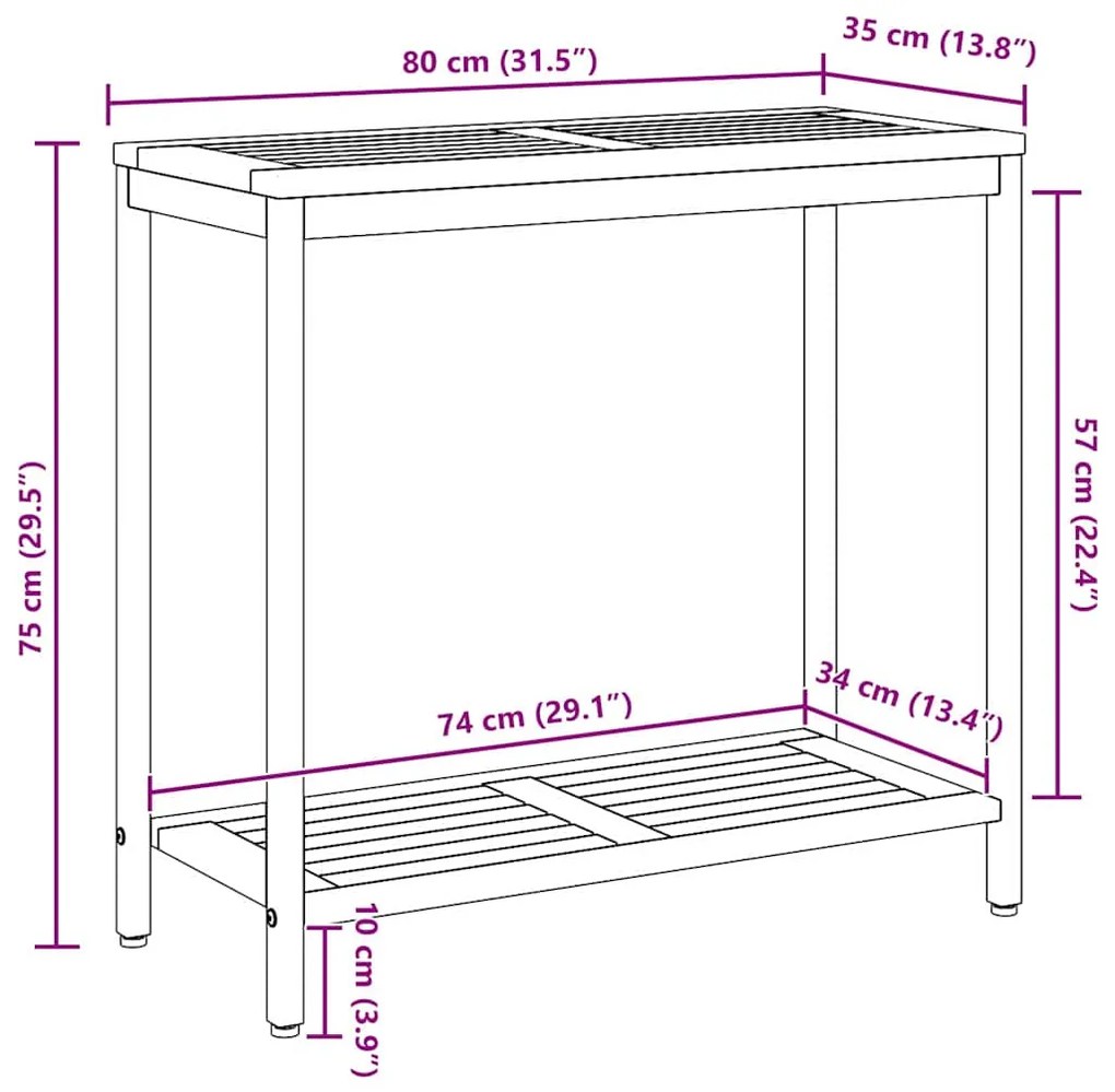 Mesa de Exterior Natural e Cinza 35x80x75 cm em Madeira Sólida e Aço