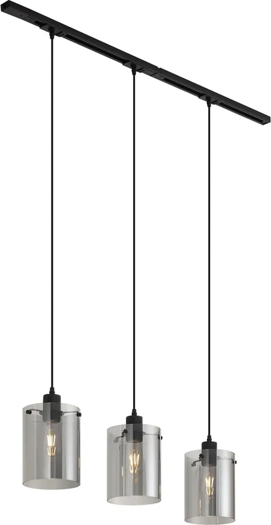 Sistema de calha monofásico moderno preto com 3 candeeiros pendentes de vidro fumado - Iconic Dome