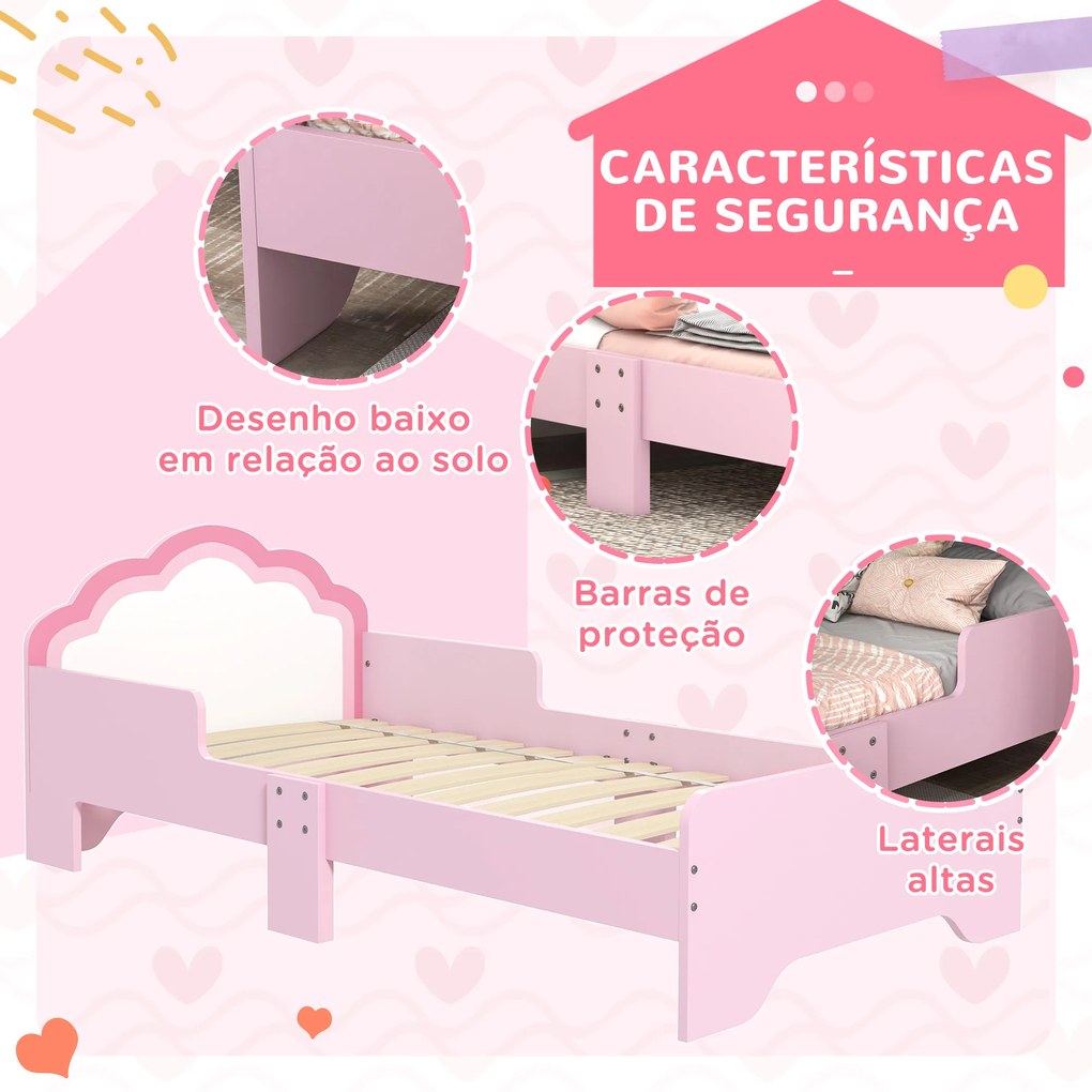 Cama para Crianças 70x140 cm (SEM COLCHÃO) com Barreira Antiqueda e Estrado Cama Infantil com Cabeceira em Forma de Nuvem Rosa