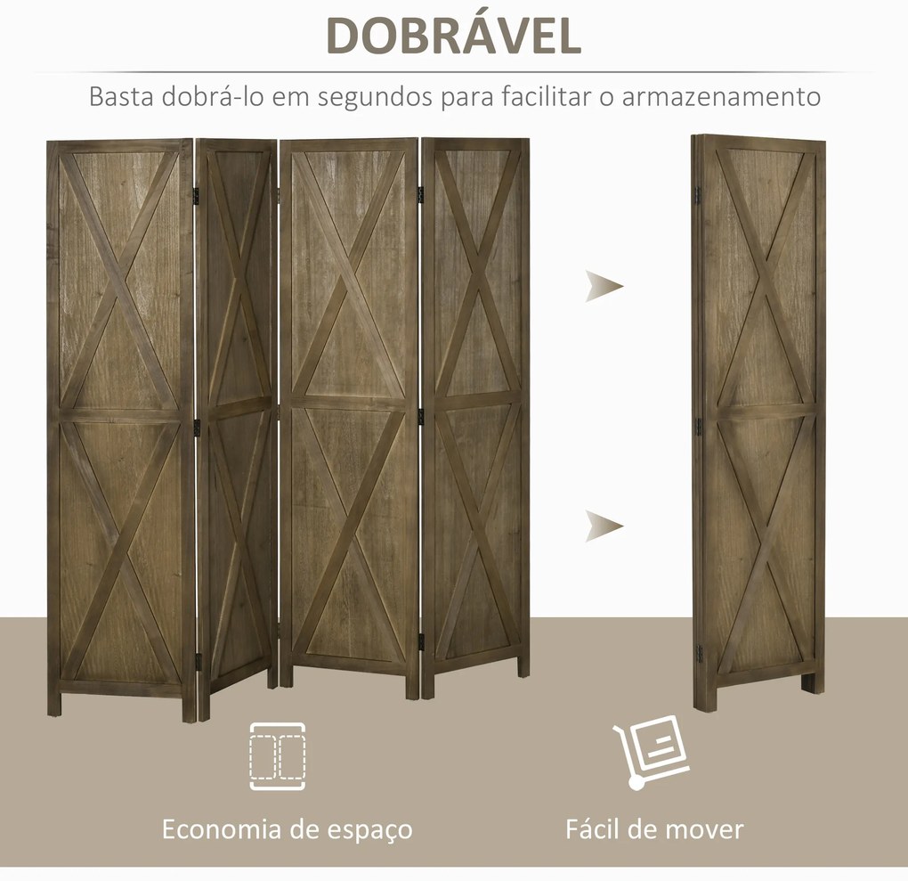 Biombo de 4 Painéis Separador de Ambientes Dobrável 182x170 cm Divisória para Espaços de Madeira Castanho Acinzentado