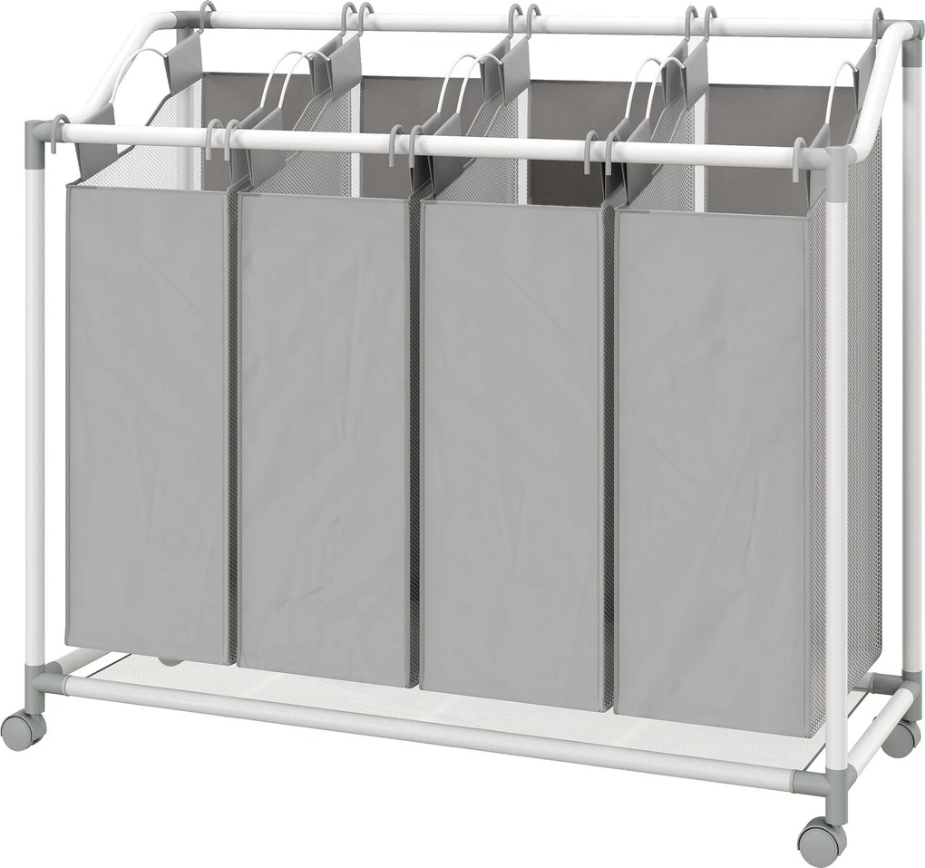 Cesto de roupa suja com rodas 4 x 40 L, 97 x 38 x 81 cm, carrinho para roupa suja, cesto com rodas com 4 sacos removíveis, cinzento