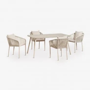 Conjunto De Mesa Retangular 160x90 Cm E 4 Cadeiras De Jardim Em Corda Trançada Arhiza Classic Tapioca Bege - Sklum