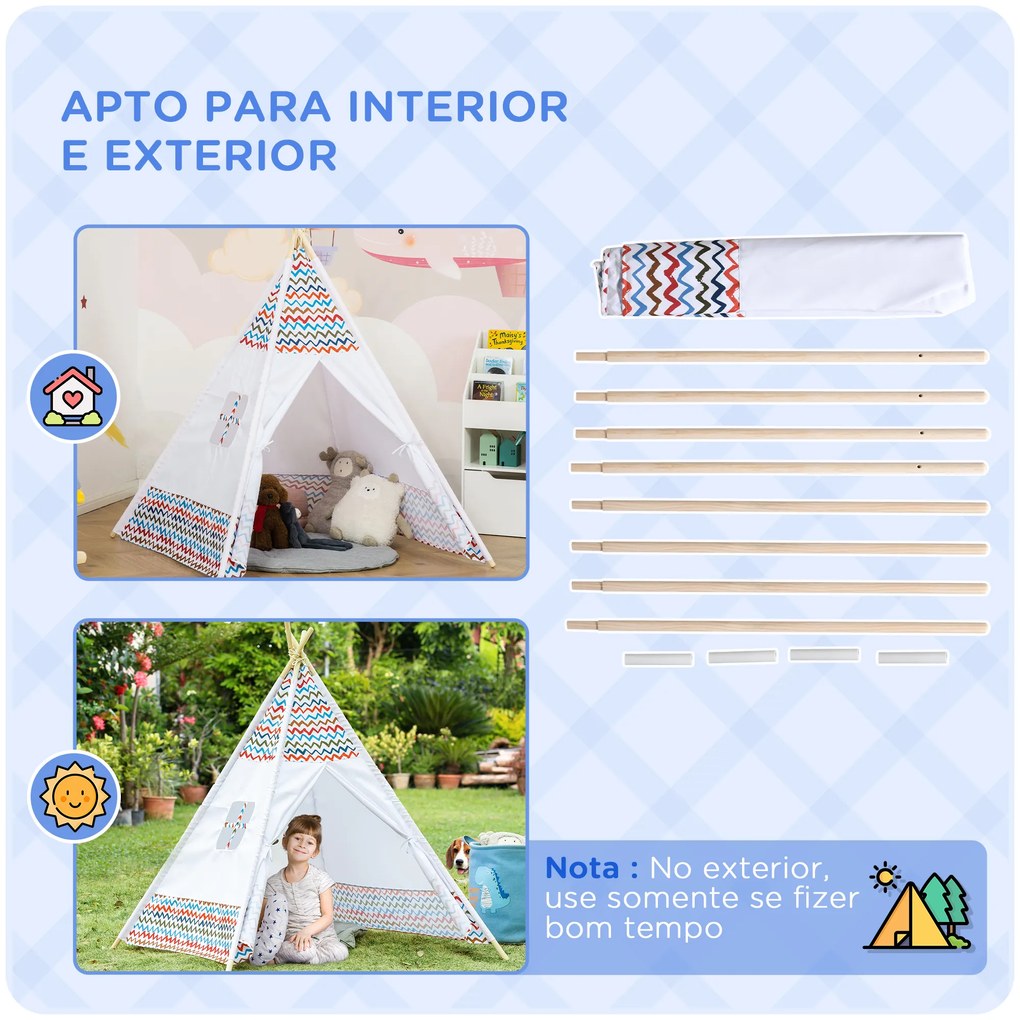 HOMCOM Tenda Tipi para Crianças acima de 3 Anos Tenda Tipi Infantil de Madeira Portátil com Janela para Interiores e Exteriores 120x120x155cm Branco