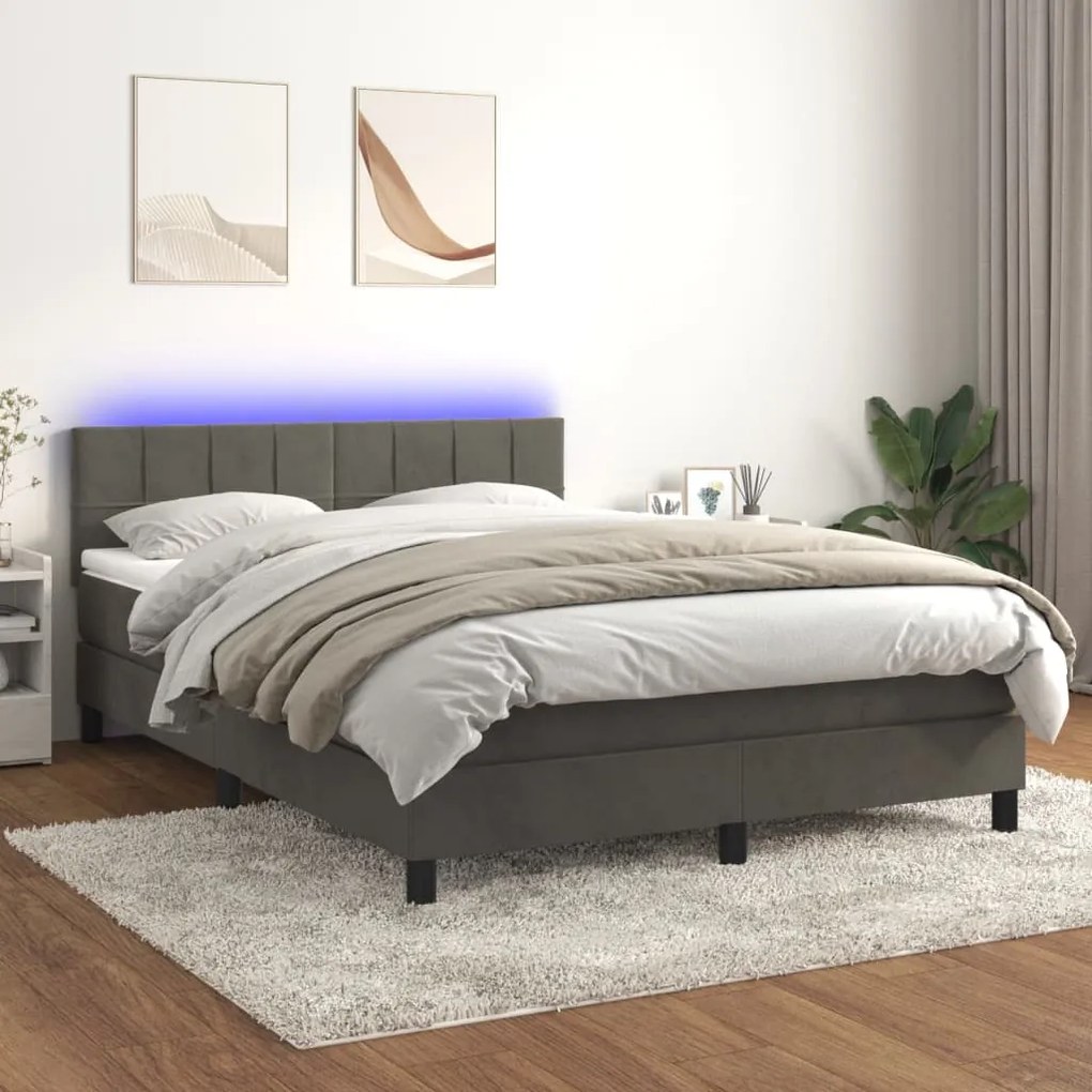 Cama box spring c/ colchão/LED 140x190cm veludo cinzento-escuro