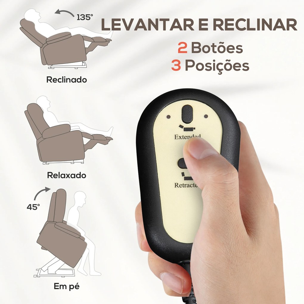 Poltrona Relax Reclinável Elétrica Poltrona Elevatória com Encosto Alto Capitonê Controlo Remoto 85x91x103 cm Castanha claro