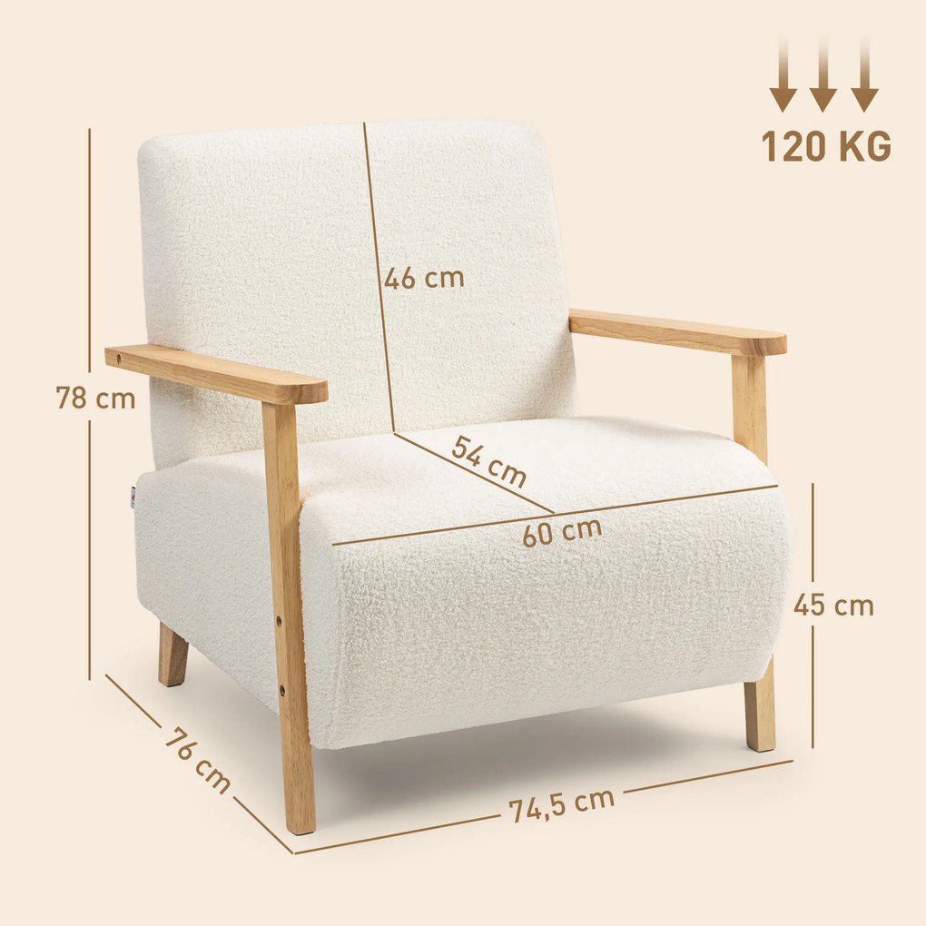 Poltrona de sala, tecido com efeito de lã felpuda, estrutura em madeira maciça, cor creme