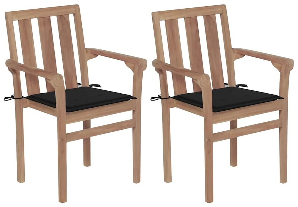 vidaXL Cadeiras de jardim c/ almofadões pretos 2 pcs teca maciça