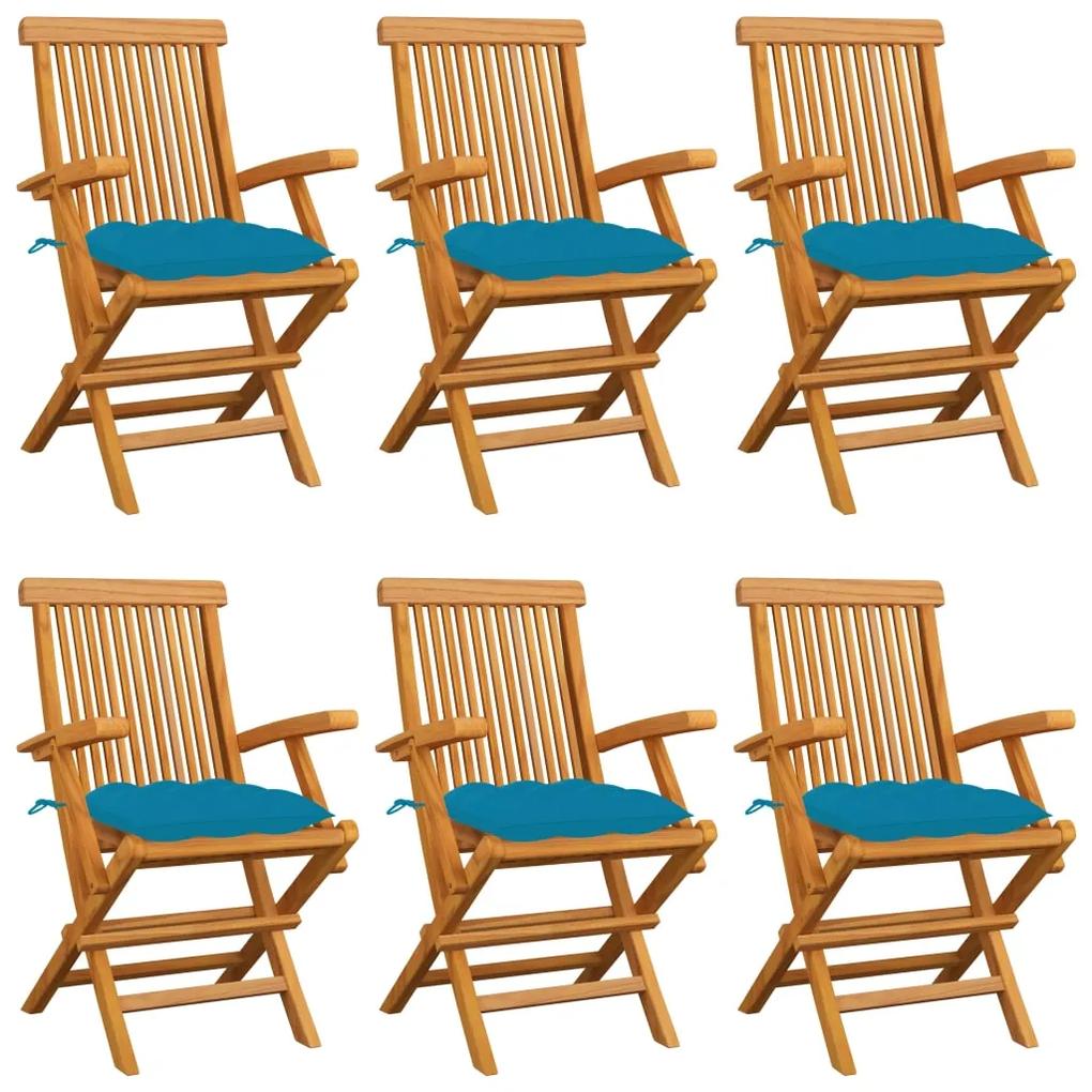 3062560 vidaXL Cadeiras de jardim c/ almofadões azuis-claros 6 pcs teca maciça