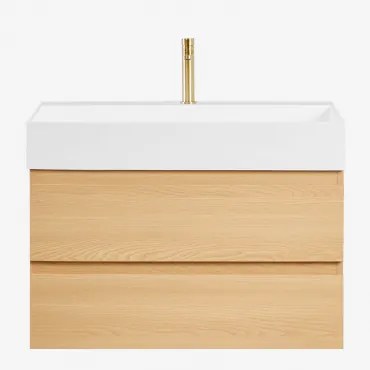 Conjunto De Móvel De Casa De Banho Suspenso Em Madeira E Folha De Freixo Com Lavatório Integrado Ona Madeira Natural & Sem Espelho - Sklum