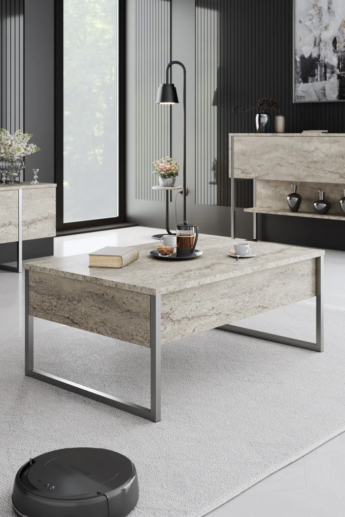 Mesa de Centro Luxe – Travertino Prateado – 90x60x40 cm