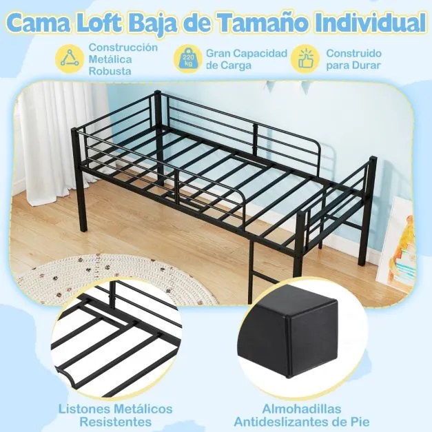 Cama Criança 198,5 x 96 x 88 cm tipo alta (COLCHÃO NÃO INCLUIDO) com baixa estrutura metálica com grades de segurança e 2 escadas com degraus metálico