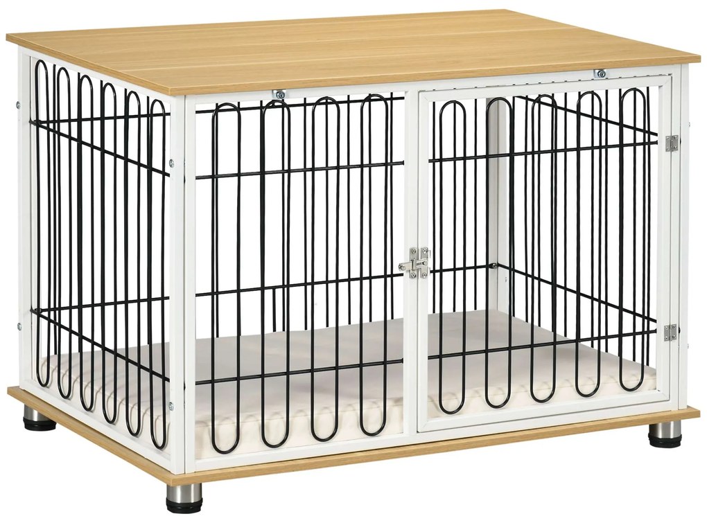 PawHut Gaiola para Cães e Mesa Auxiliar com Porta Fechadura Almofada Lavável e Grades de Aço 90x58x62,5cm Carvalho e Branco