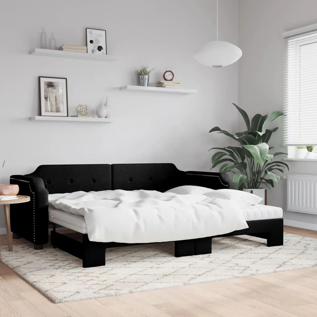vidaXL Sofá-cama com gavetão e colchões 90x200 cm tecido preto