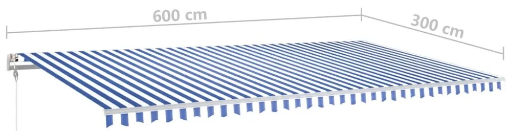Toldo retrátil manual com postes 6x3 m azul e branco